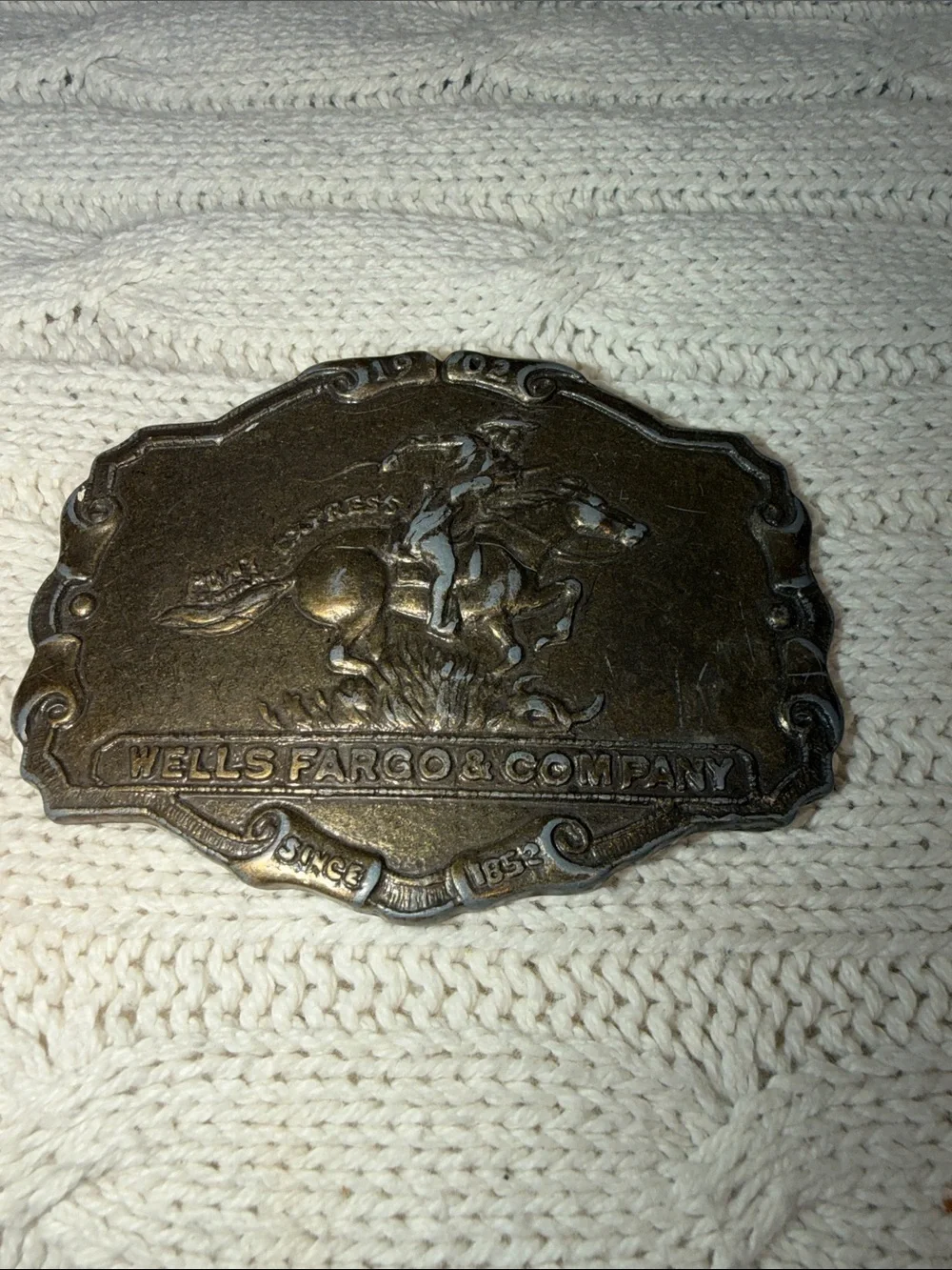 Wells Fargo Horse & Rider Decorative Belt Buckle - Antique Brass Finish